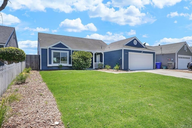 single story home with concrete driveway, fence, a front lawn, and a garage