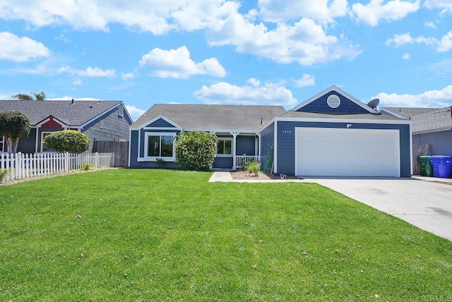 ranch-style house with an attached garage, a front lawn, fence, and driveway