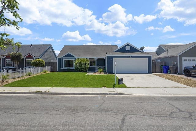 single story home with fence, an attached garage, driveway, and a front yard
