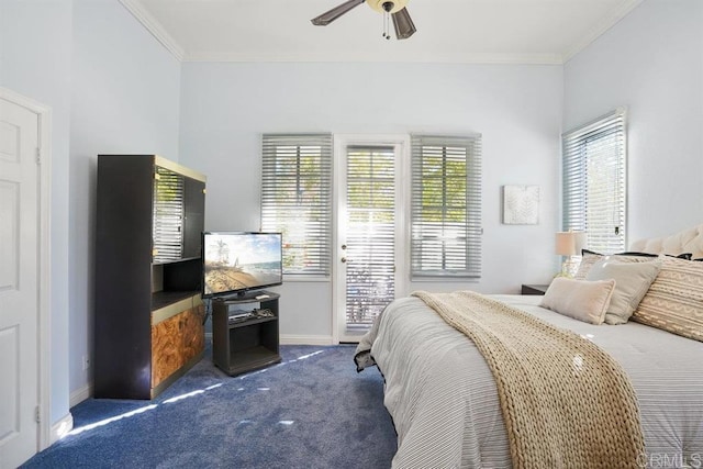 carpeted bedroom with crown molding, baseboards, a ceiling fan, and access to exterior
