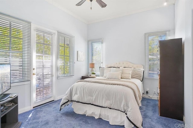 carpeted bedroom with crown molding, baseboards, access to outside, and ceiling fan