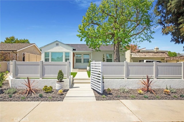 view of front facade featuring a fenced front yard and stucco siding
