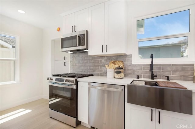 kitchen featuring a sink, appliances with stainless steel finishes, a healthy amount of sunlight, and tasteful backsplash