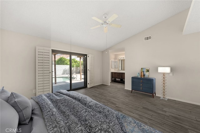 43922 Warner Trl, Palm Desert, CA 92211 - bedroom featuring access to outside, wood finished floors, baseboards, and high vaulted ceiling