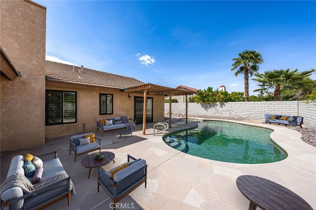 43922 Warner Trl, Palm Desert, CA 92211 - view of pool featuring outdoor lounge area, a pergola, a patio area, and a fenced backyard
