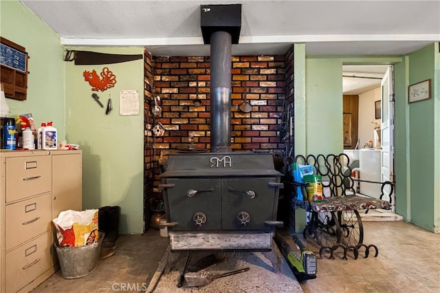 interior space with a wood stove