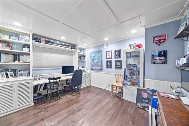 28102 Camellia Ct, Laguna Niguel, CA 92677 - office space featuring visible vents, ornamental molding, wainscoting, wood finished floors, and recessed lighting