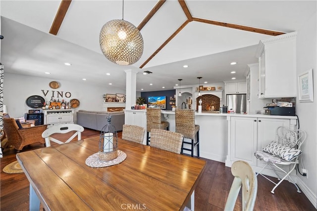 28102 Camellia Ct, Laguna Niguel, CA 92677 - dining area featuring decorative columns, beamed ceiling, high vaulted ceiling, dark wood-type flooring, and recessed lighting