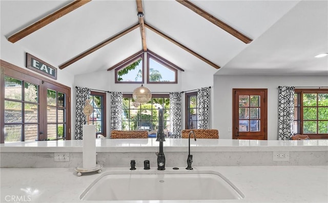 28102 Camellia Ct, Laguna Niguel, CA 92677 - kitchen featuring a sink, lofted ceiling with beams, and french doors