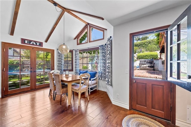 28102 Camellia Ct, Laguna Niguel, CA 92677 - dining space featuring vaulted ceiling with beams, plenty of natural light, french doors, and wood finished floors