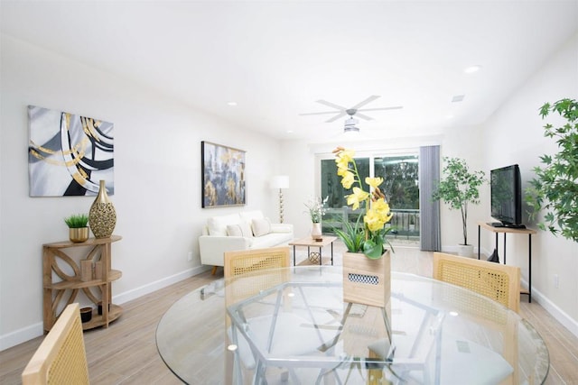 dining space with recessed lighting, baseboards, ceiling fan, and light wood-type flooring