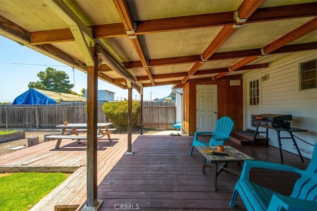 wooden terrace featuring a fenced backyard