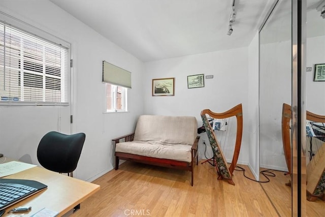 office with light wood-style floors, rail lighting, and baseboards