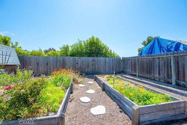 view of yard featuring a fenced backyard and a vegetable garden