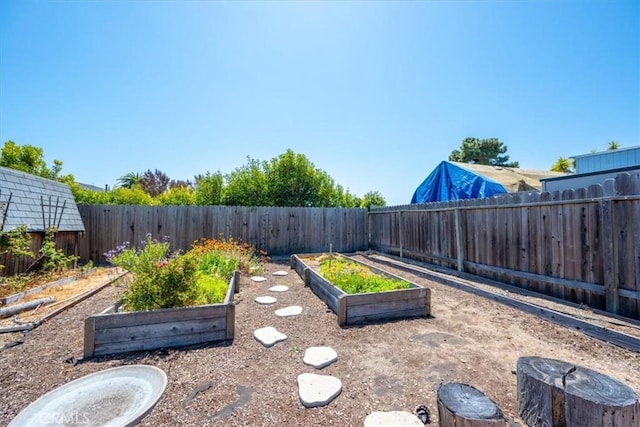 view of yard with a garden and a fenced backyard