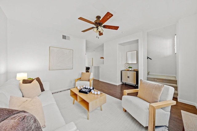 1295 Blue Jean Way Unit 2, Chula Vista, CA 91913 - living area featuring ceiling fan, baseboards, wood finished floors, visible vents, and stairway