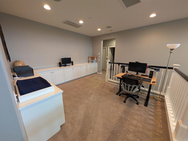home office with light carpet and recessed lighting