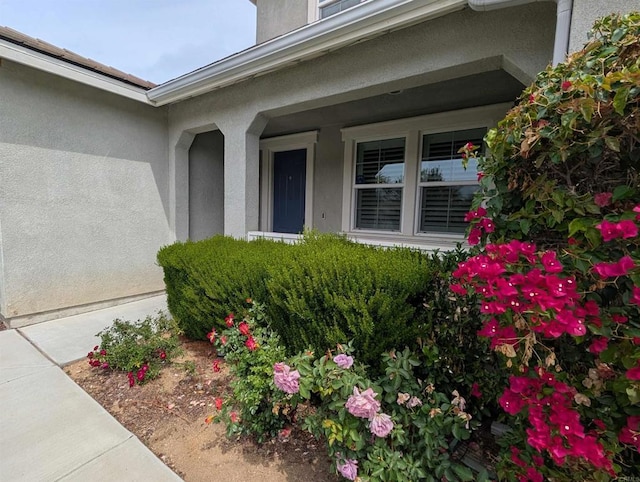 property entrance featuring stucco siding and covered porch