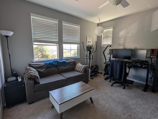 living area featuring carpet floors, a ceiling fan, healthy amount of natural light, and baseboards