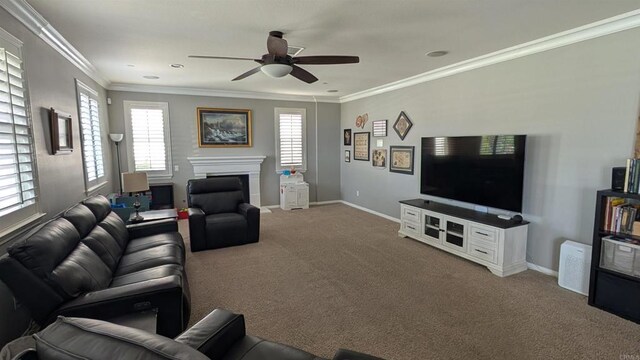 18196 Friendly Ln, Riverside, CA 92508 - carpeted living room with ceiling fan, baseboards, a fireplace, and ornamental molding