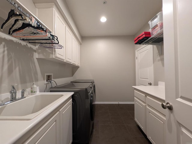 18196 Friendly Ln, Riverside, CA 92508 - laundry room featuring cabinet space, independent washer and dryer, recessed lighting, baseboards, and dark tile patterned floors