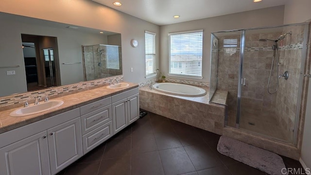 18196 Friendly Ln, Riverside, CA 92508 - full bath featuring tile patterned flooring, a shower stall, a bath, double vanity, and recessed lighting
