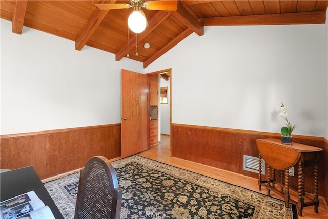 15731 Marlin Pl, Van Nuys, CA 91406 - office featuring visible vents, wood ceiling, wood finished floors, and wainscoting