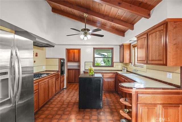 15731 Marlin Pl, Van Nuys, CA 91406 - kitchen with ceiling fan, tile counters, wood ceiling, stainless steel fridge with ice dispenser, and lofted ceiling with beams