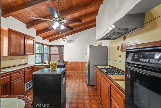 15731 Marlin Pl, Van Nuys, CA 91406 - kitchen featuring tile countertops, wood ceiling, wall chimney exhaust hood, lofted ceiling with beams, and stainless steel appliances