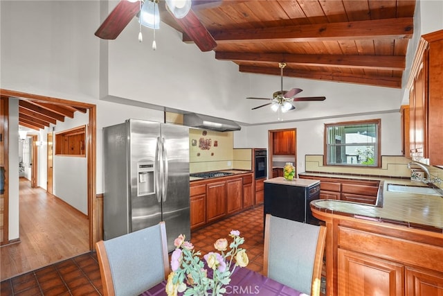15731 Marlin Pl, Van Nuys, CA 91406 - kitchen with lofted ceiling with beams, a sink, stainless steel appliances, a ceiling fan, and wood ceiling