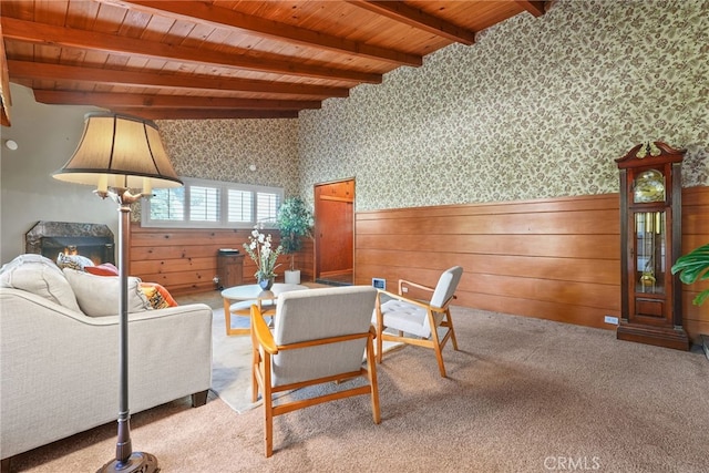 15731 Marlin Pl, Van Nuys, CA 91406 - living area featuring wooden ceiling, wallpapered walls, wood walls, and wainscoting