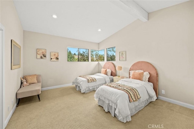 bedroom with baseboards, lofted ceiling with beams, recessed lighting, and light colored carpet