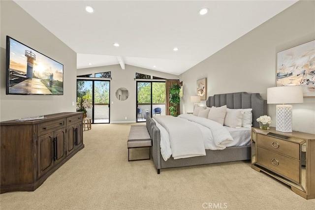 bedroom featuring light carpet, baseboards, access to outside, recessed lighting, and vaulted ceiling with beams