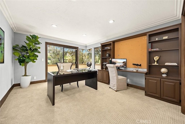 home office featuring light colored carpet, recessed lighting, baseboards, and crown molding