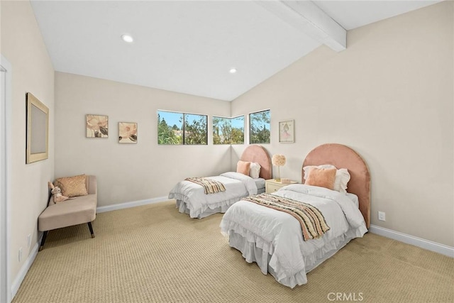 bedroom featuring recessed lighting, baseboards, lofted ceiling with beams, and light carpet