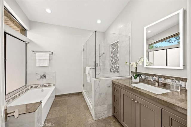 bathroom with vanity, a stall shower, recessed lighting, and a bath