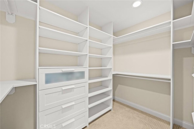 spacious closet with light carpet