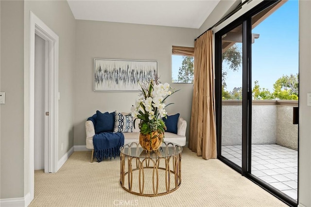 living area featuring baseboards and light carpet