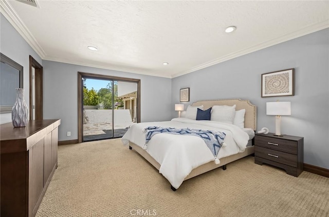 bedroom with baseboards, ornamental molding, light carpet, and access to exterior