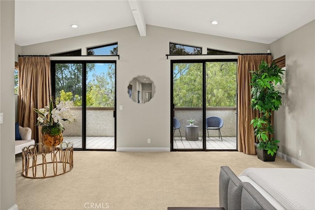carpeted living area featuring recessed lighting, baseboards, and vaulted ceiling with beams