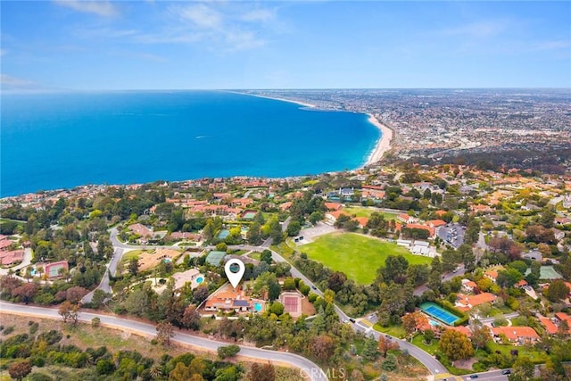 aerial view featuring a water view and a residential view