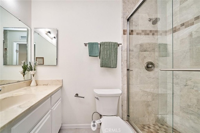 bathroom featuring vanity, visible vents, toilet, and a shower stall