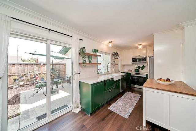 kitchen featuring dark wood finished floors, wood counters, green cabinets, and stainless steel appliances