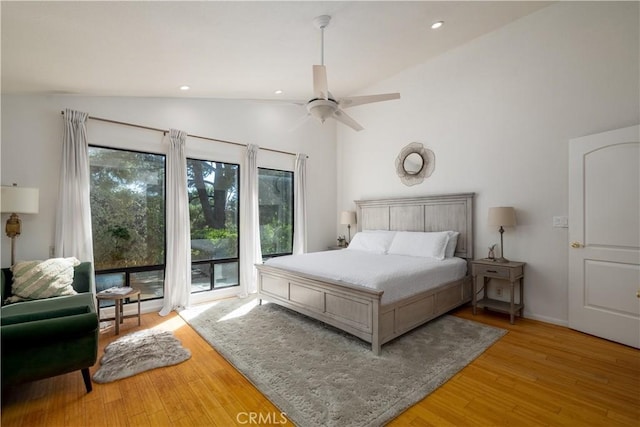 37450 Downey Rd, Temecula, CA 92592 - bedroom with access to exterior, wood finished floors, recessed lighting, high vaulted ceiling, and a ceiling fan