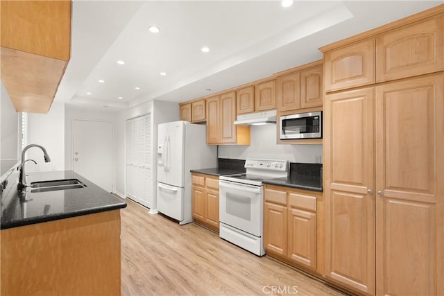 kitchen featuring white appliances, recessed lighting, a tray ceiling, and a sink