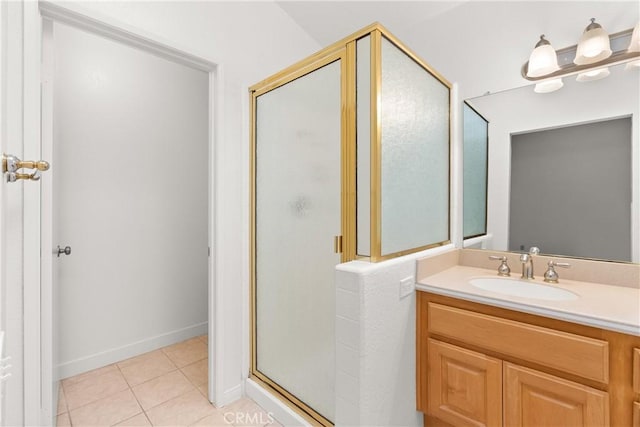 19116 Queensport Ln Unit B, Huntington Beach, CA 92646 - full bath featuring vanity, baseboards, tile patterned flooring, and a stall shower