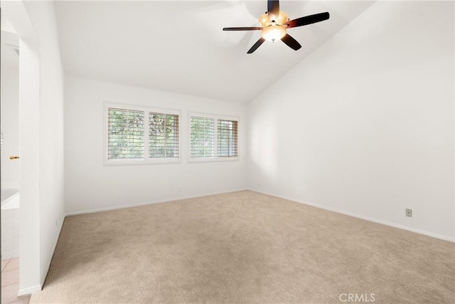 19116 Queensport Ln Unit B, Huntington Beach, CA 92646 - empty room featuring ceiling fan, light colored carpet, baseboards, and lofted ceiling