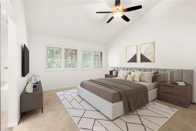 19116 Queensport Ln Unit B, Huntington Beach, CA 92646 - bedroom featuring baseboards, high vaulted ceiling, light carpet, and ceiling fan