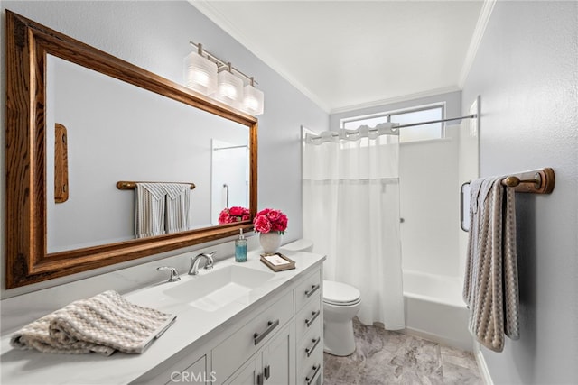 bathroom featuring vanity, ornamental molding, toilet, and shower / tub combo