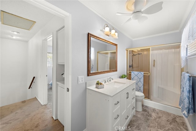 full bath with ceiling fan, vanity, toilet, a shower stall, and ornamental molding